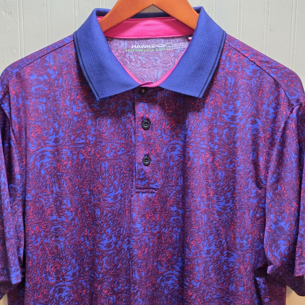 Hawke & Co Polo Shirt Mens L Purple Abstract Print Performance Golf Stretch Top